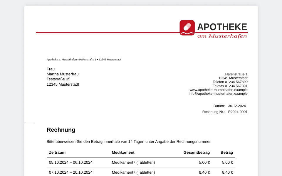 Rechnung auf dem Briefbogen der Apotheke